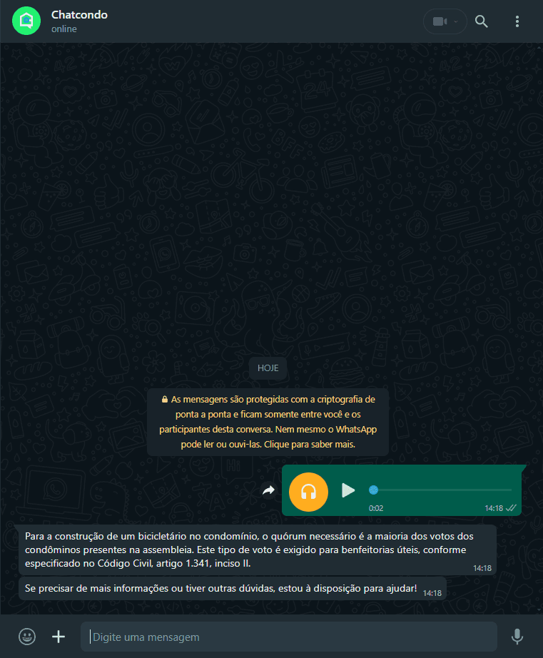 Imagem de solicitação ao ChatCondo sobre o quórum necessário para a reforma de fachada