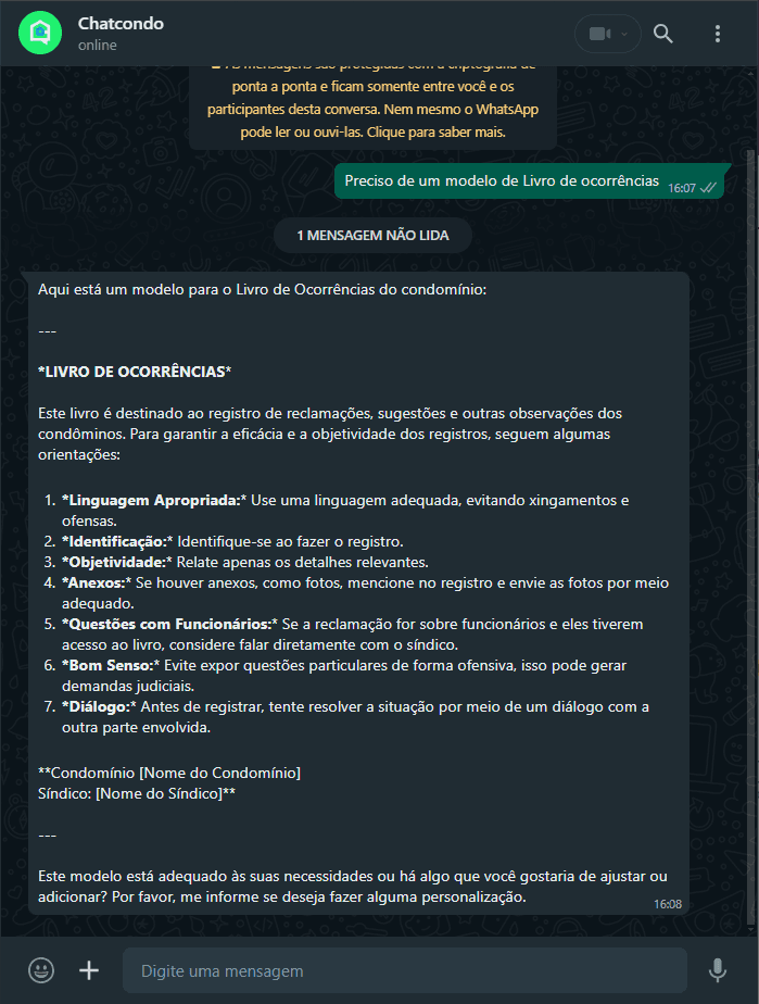 Imagem de solicitação ao ChatCondo sobre o quórum necessário para a reforma de fachada